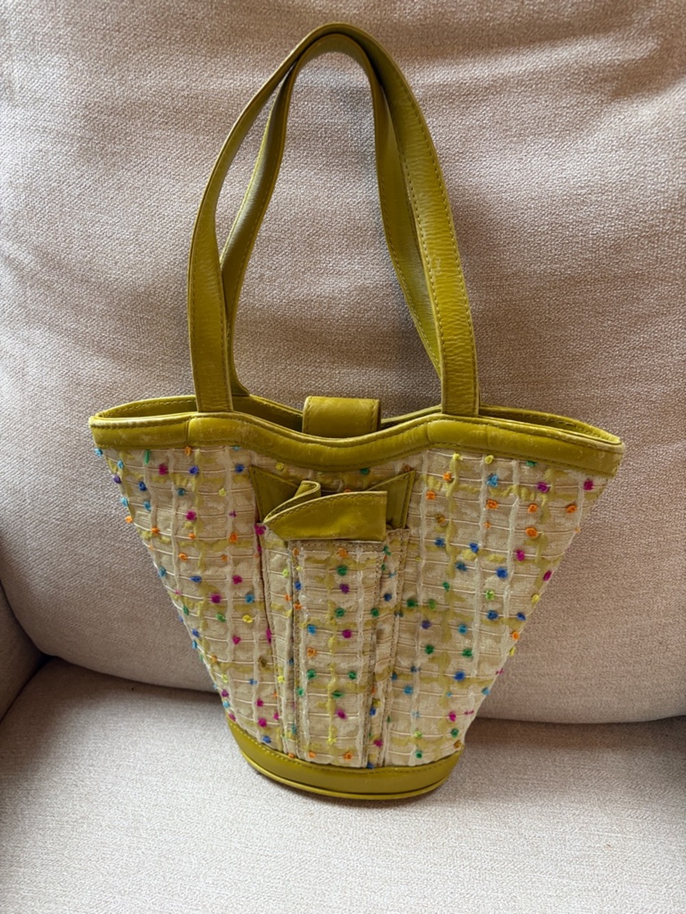 Olive Green Tweed Tote with Multicolor Pom Detailing